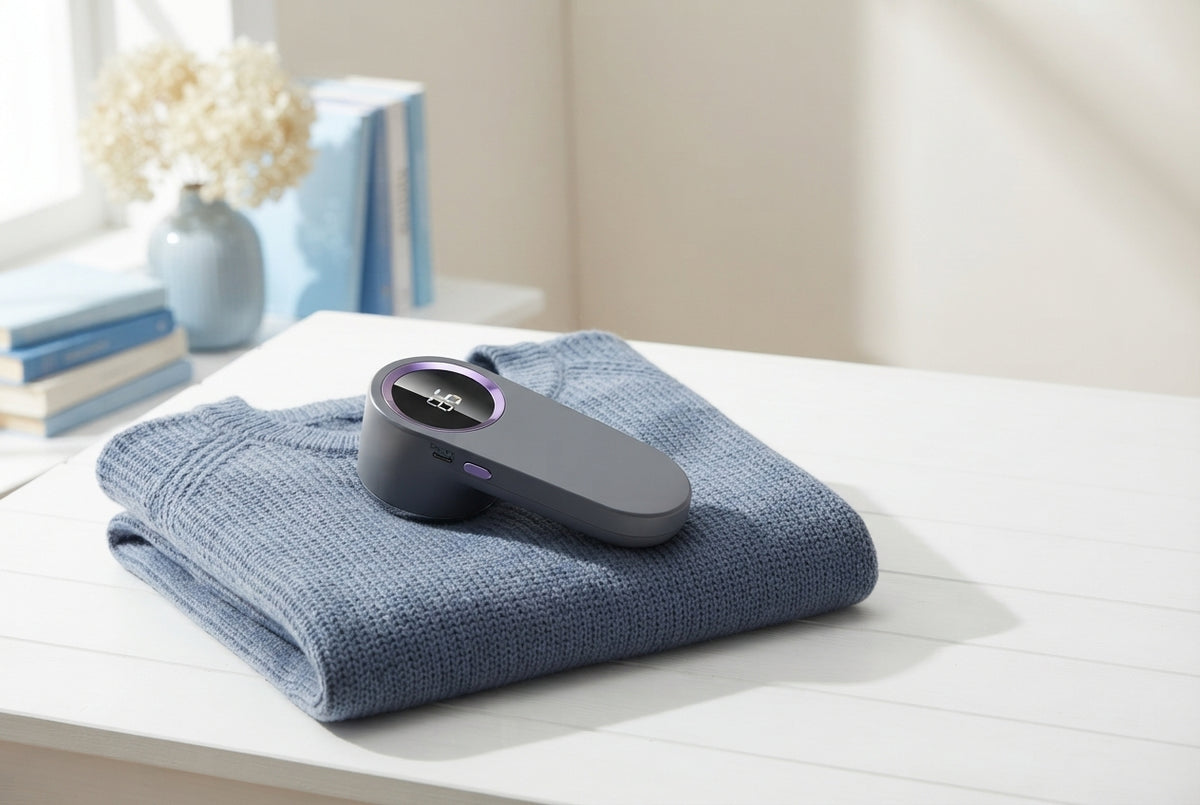 A rechargeable fabric shaver on a blue knit sweater on a white table in a bright, modern room.
