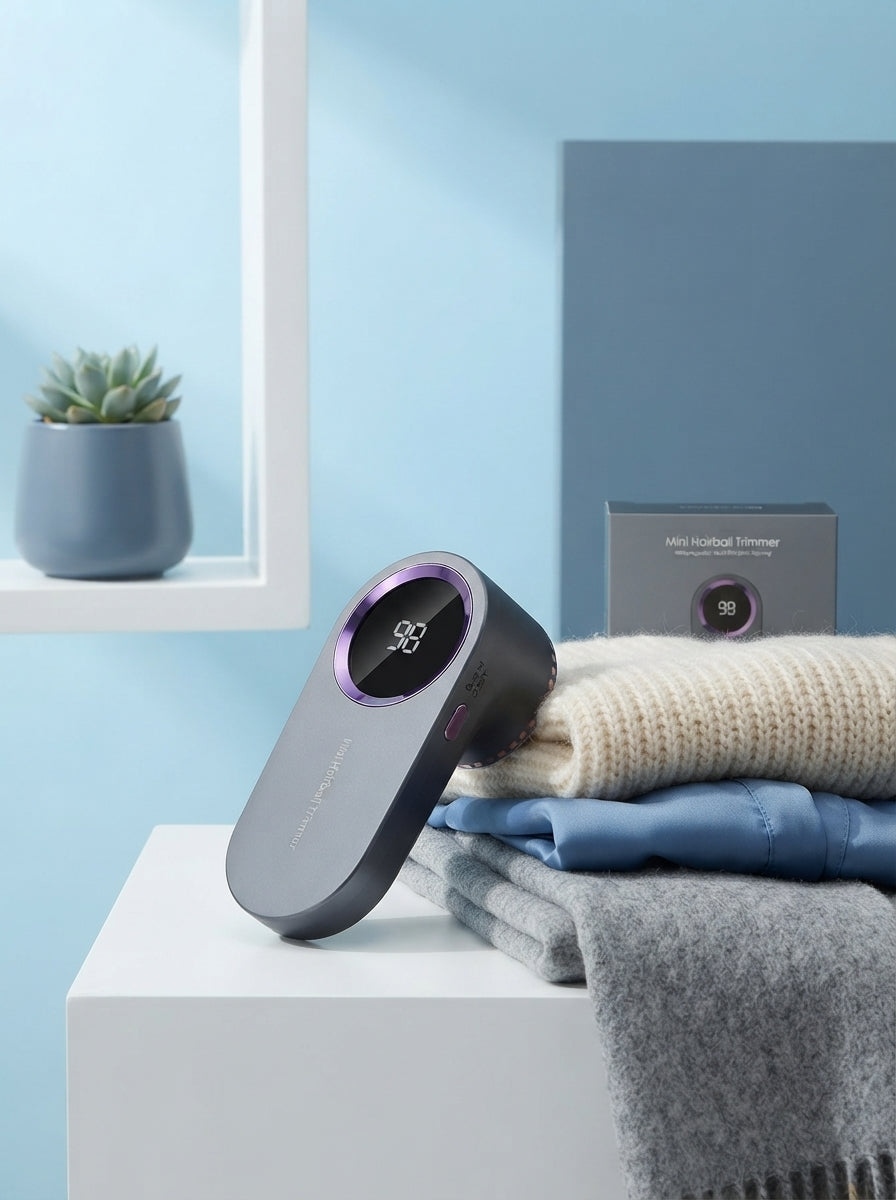 Electric fabric shaver on a white surface next to folded wool and silk clothing with a soft blue and white background.
